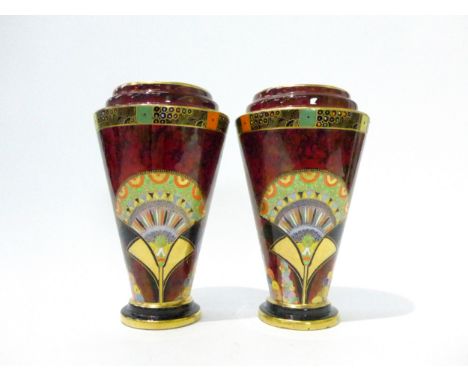 A pair of Carlton Ware vases in Egyptian Fan pattern by Violet Elmer (1907-1988). No.3695 on red ground, Shape 777 Art Deco s