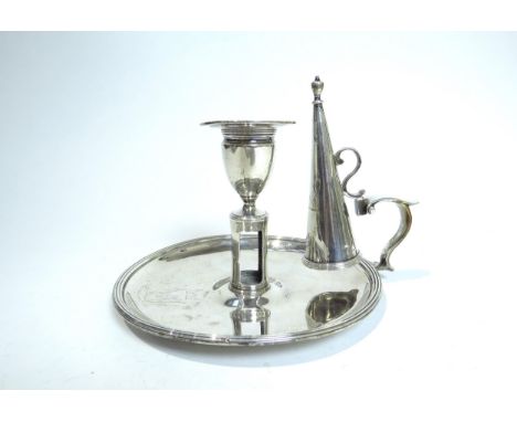 A George III Henry Chawner silver chamber stick with armorial shield crest with motto "Spero Meliora", dents present, London 