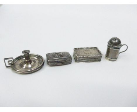 Two silver vinaigrettes (one with hinge a/f) a miniature silver chamber stick, and a silver miniature barrel form pepperette 