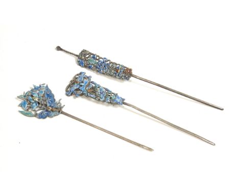 Three Chinese white metal and enamel decorated hair ornaments, character marks to back, longest is 19cm