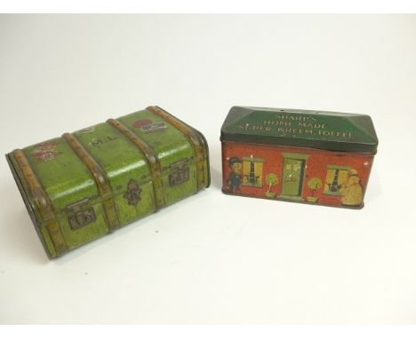 Vintage tins including Sharps home made super-keen toffee money box in the form of a house 7cm tall. Together with a Macfarla