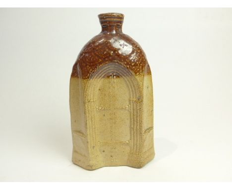 A Stephen Green pottery Lambeth stoneware flask bottle in the form of a set of doors produced for 'J Dowell Builders Arm Rege