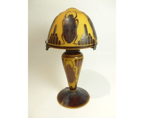 A Le Verre Francais Schneider glassworks France cameo glass lamp of deco form decorated with 'Scarabaeus' 47cm tall. The shad