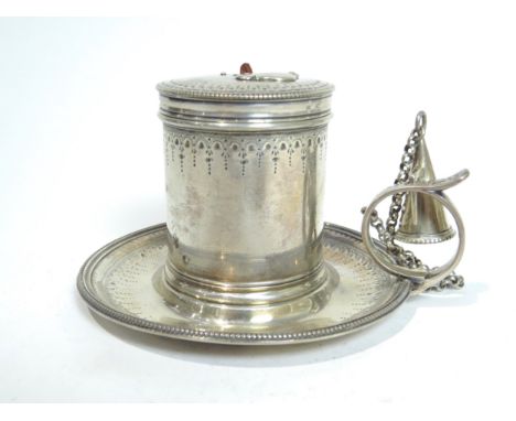 A George III William Simons silver barrel-form wax jack chamber stick with snuffer, initialled and dated 1785, engraved repea