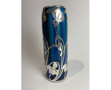 A Loetz silver overlaid vase in blue green iridescent, 21.5cm tall