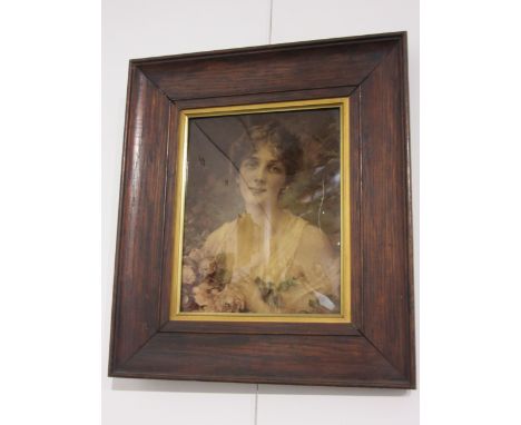 Printed portrait on glass in oak frame, 24cm x 19cm