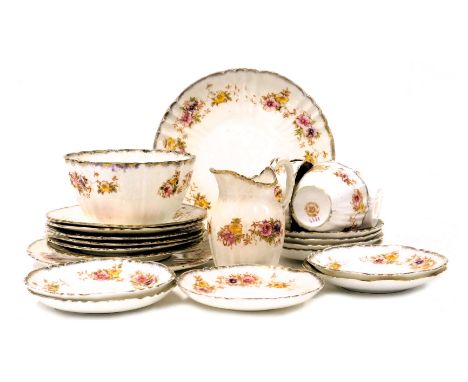 A late 19thC Royal Albert Crown Works pottery part tea service, decorated with flowers, comprising a pair of bread plates, cr