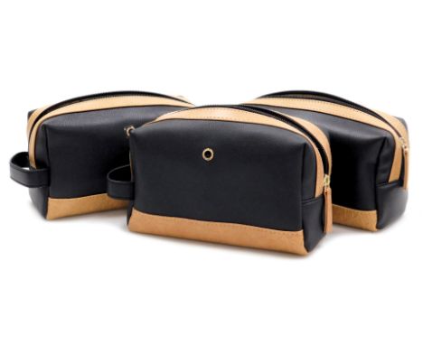 Three Bulgari black and tan leather wash bags, with mixed contents, 22cm wide, together with a Gucci dust cover bag. (4)