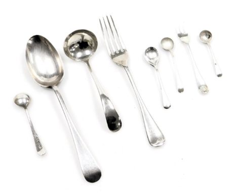 A George V silver old English pattern dessert spoon, Sheffield 1911, Edward VII silver dessert fork, Sheffield 1907, George V