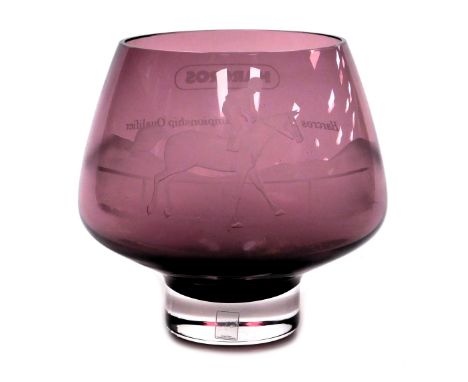 A Caithness amethyst glass vase, engraved with a horse and jockey, verso "Harcros Stayers Championship Qualifier", etched sig