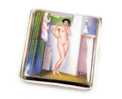 An early 20thC Alpaca metal and enamel cigarette case, decorated to the front with a naked lady, modelled standing in contemp