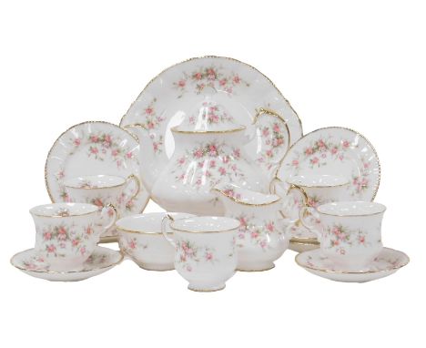 A Paragon porcelain Victoriana Rose pattern part tea service, comprising teapot, bread plate, cream jug, sugar bowl, five tea