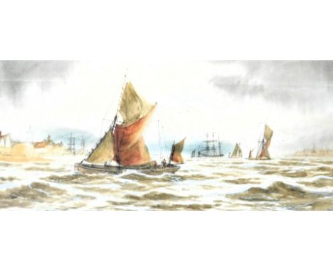 English School (19thC). Coastal seascape with fishing and other vessels, watercolour, signed indistinctly, 24cm x 51.5cm.
