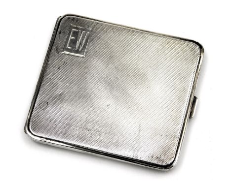 A George V silver cigarette case, with engine turned decoration, rectangular reserve monogram engraved, Birmingham 1928, 3.46