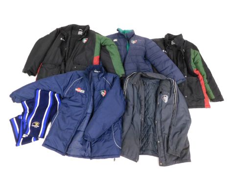 Five Leicester Tiger's jackets and raincoats, together with a Leinster Rugby scarf. (6)