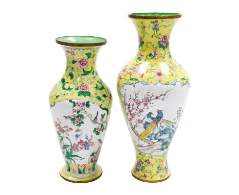 Two Chinese enamel famille jaune vases, of baluster form, one reserve painted with a landscape, exotic birds and flowers, wit