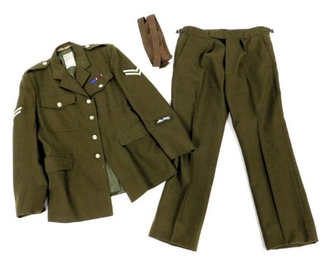 An Army Corporal tank transporter driver's No.2 dress uniform, 1980 pattern, comprising jacket and trousers.
