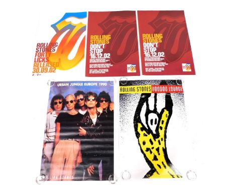 Five Rolling Stones posters, comprising Don't Stop 2002 (x2) and Forty Licks 2002, for use of London buses and tube stations,