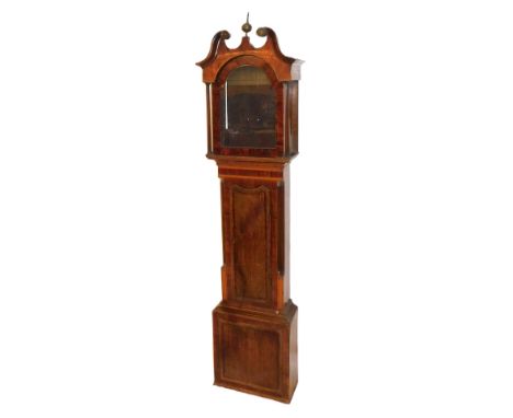 A Georgian mahogany and oak longcase clock case, the hood with broken pediment, and brass capped pilasters, the trunk with cr