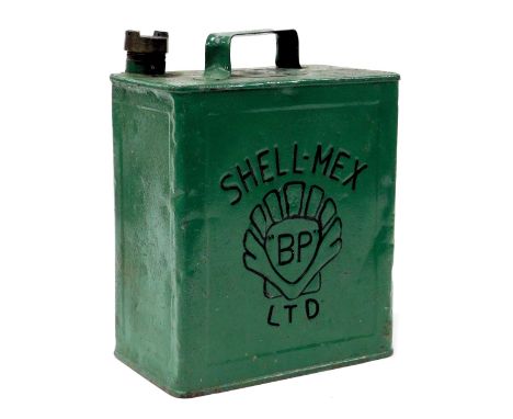 A Shell Mex BP Limited oil can, painted green.