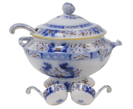 A late 19thC Minton pottery soup tureen, cover and ladle, printed in blue and white and clobbered in red, decorated with flow