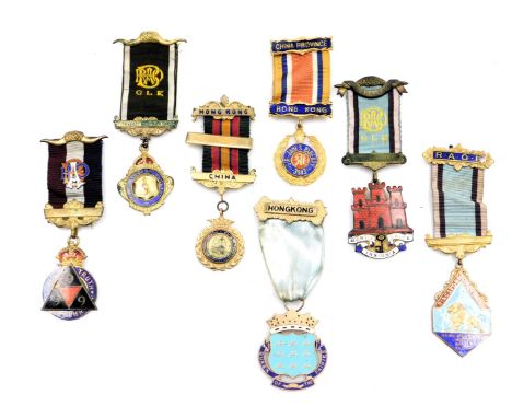 Two RAOB silver gilt and enamel jewels, Thee Nines Lodge number 8258, and Singapore Province, and five further jewels, Sir Ja