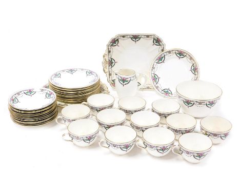 A Shelley porcelain tea service, pattern number 11201, comprising a pair of bread plates, cream jug, sugar bowl, twelve teacu