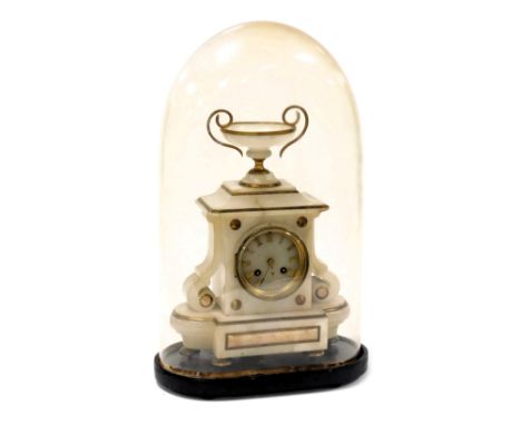 A late 19thC Continental white marble mantel clock, circular dial bearing Roman numerals, eight day movement with bell strike