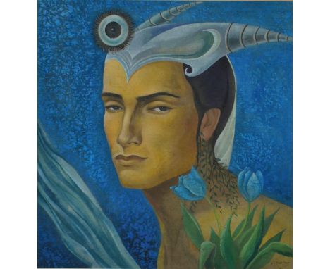 Li Xiao Feng, watercolour of a surrealist portrait with flowers, signed. Label verso. H.73 W.73cm 
