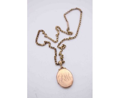 A 9ct rose gold oval engraved locket on a 9ct rolo link chain with push barrel clasp. Two hand painted miniatures to the insi