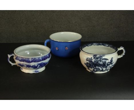 Three early 20th century transfer printed ceramic chamber pots. H.14 Dia.29cm. 