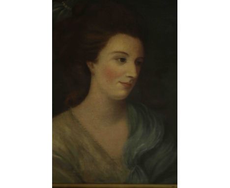 A 19th century carved giltwood framed oil on canvas portrait of a lady in a blue dress, unsigned. H.72 W.67cm. 