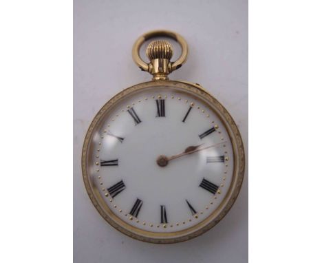A 18 carat yellow gold swiss ladies fob watch with engraved design, white enamel dial with black roman numerals, accompanied 