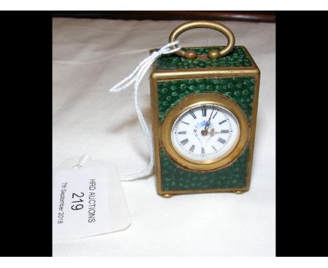 A miniature antique travelling clock - enamel dial - 5cm high  - base marked VALME CONDITION REPORT seems fineticks and hands