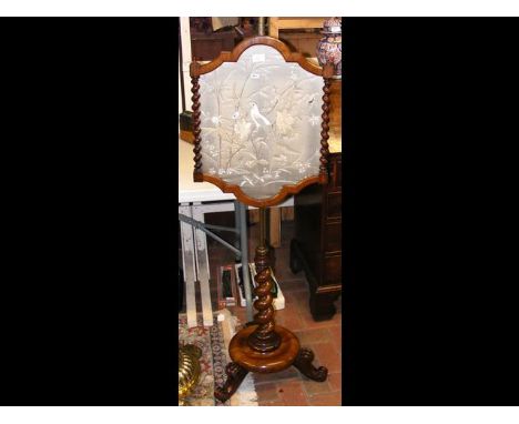 Victorian rosewood adjustable pole screen with silk work panel of bird and foliage 