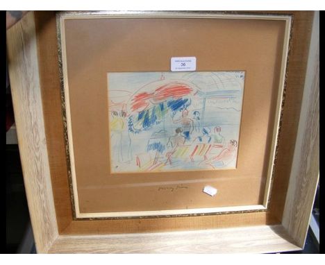 JANOS VASZARY - pastel and pencil sketch of figures in deckchairs with sun umbrellas - signed top right with stamp and writin