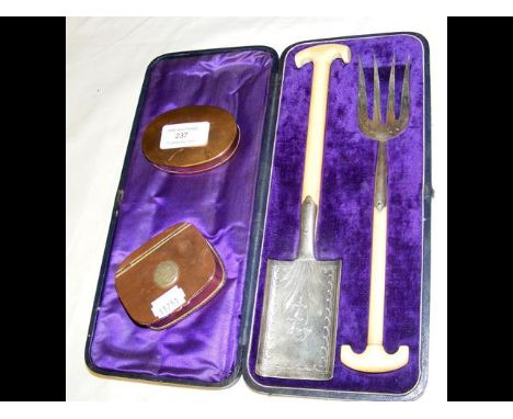Presentation fork and trowel, together with two brass snuff boxes 