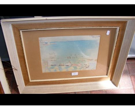 JANOS VASZARY - pastel and pencil sketch of coastal tourist beach scene - signed in pencil top right with stamp and writing t