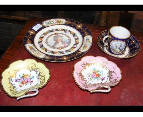 A hand painted cabinet plate with portrait to the centre cartouche, together with a cup and saucer, etc.   CONDITION REPORT 2