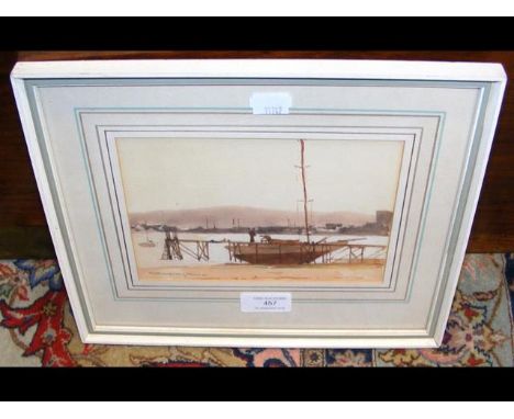 NORMAN WILKINSON - watercolour of men working on yacht - 13cm x 18cm 