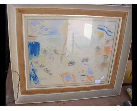 JANOS VASZARY - pastel and pencil sketch of seaside scene - signed bottom left with stamp and writing to reverse - 42cm x 53c