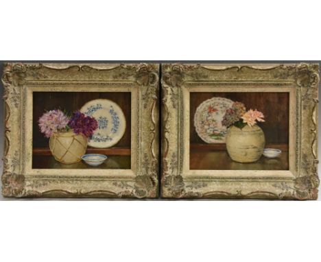 Terence Storey (bn 1923)A Pair; Worcester plate and a ginger jar, and Rhododendron in a Ginger Jar,signed, oils on board, eac