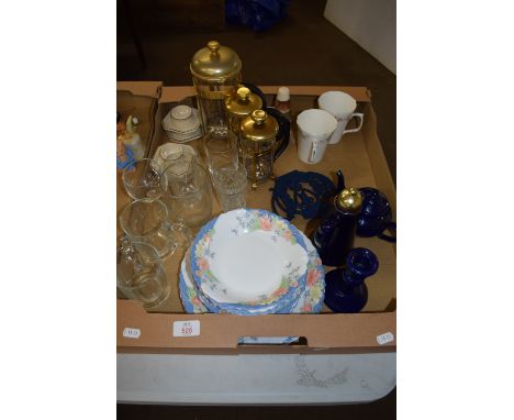 TRAY CONTAINING CERAMIC BOWLS, SOME GLASS WARES, COFFEE POTS, ETC
