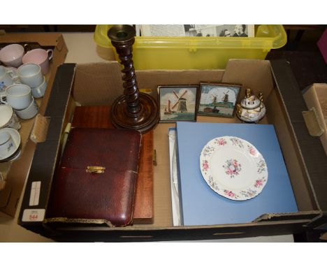 TRAY CONTAINING BOXED SET OF PLATED FISH KNIVES, TWO SMALL DUTCH STYLE TILES, WOODEN CANDLESTICK ETC