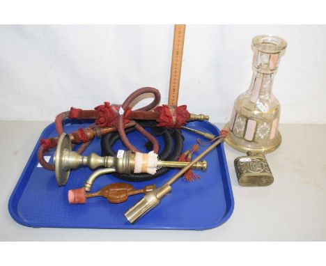 An assortment of Oriental and North African smoking paraphernalia to include Oriental opium pipe, hand painted glass decanter