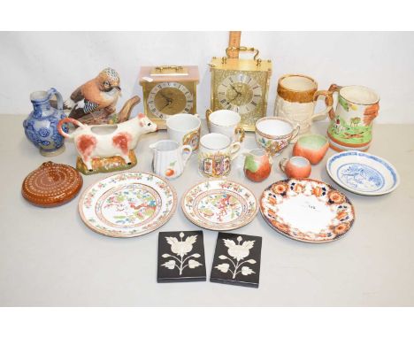 Mixed Lot: Mantel clocks, various tankards, modern cow creamer etc
