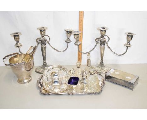Mixed Lot: Pair of silver plated candelabra, various small dressing table jars, ice bucket, cigarette case etc