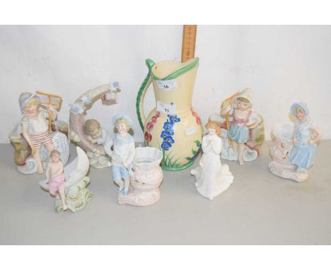 A range of various bisque porcelain figures, small Royal Doulton figure, a Lladro figure of a sleeping child and a further ju