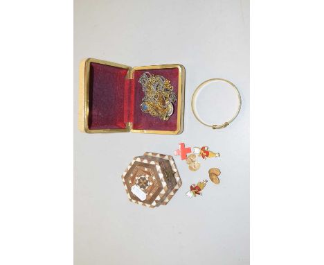A box of various necklaces, bangle and other costume jewellery plus a further small box Rupert the Bear badges etc (2)