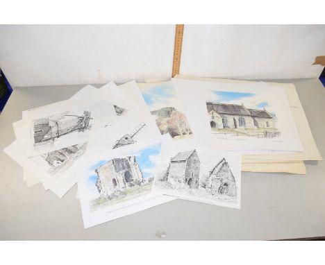 Group of various unframed prints and sketches of windmills, churches and architectural features